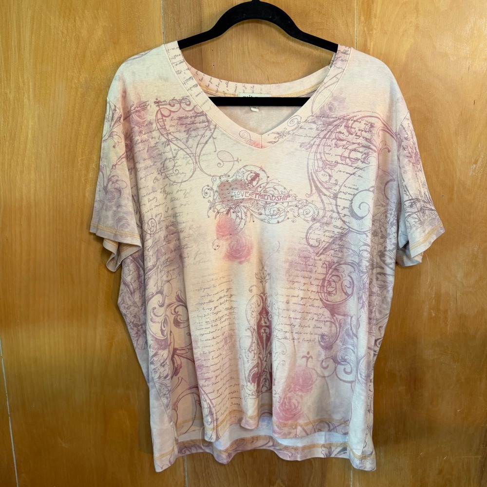 Xcit USA Womens 1X V-Neck Graphic Tee Love and Friendship Rhinestone Pink Purple